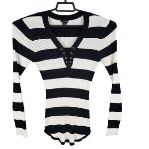 Womens Rue21 Black & White Striped Ribbed Top Long Sleeve V Neck Lace Up Size XL